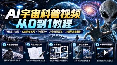 AI宇宙科普视频从0到1教程｜外星题材选题+文案原创改写+分镜设计+人物场景提取+AI视频批量制作