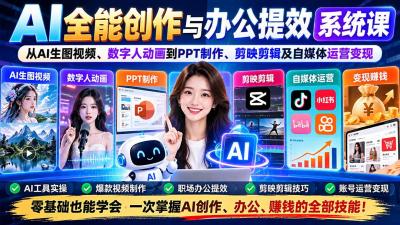 AI全能创作与办公提效系统课:从AI生图视频、数字人动画到PPT制作、剪映剪辑及自媒体运营变现