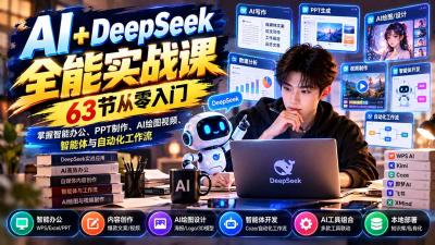 AI+DeepSeek全能实战课:63节从零入门,掌握智能办公、PPT制作、AI绘图视频、智能体与自动化工作流