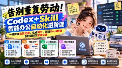 告别重复劳动!Codex+Skill智能办公自动化进阶课:一键整理会议纪要、生成PPT、清洗Excel数据及批量制作营销文案