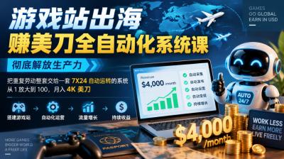游戏站出海賺美刀全自动化系统课,彻底解放生产力&8211;把重复劳动整套交给一套7X24自动运转的系统,从1放大到100,月入4K美刀