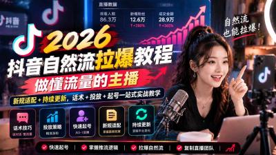 抖音自然流拉爆教程-更新1023：做懂流量的主播，新规适配+持续更新，话术+投放+起号一站式实战教学