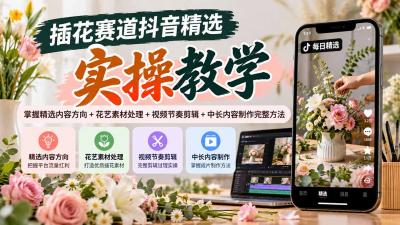 插花赛道抖音精选实操教学:掌握精选内容方向+花艺素材处理+视频节奏剪辑+中长内容制作完整方法