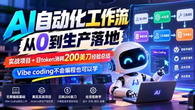 【无水印】AI自动化工作流从0到生产落地,实战项目+日token消耗200美刀经验,Vibe coding不会编程也可以学