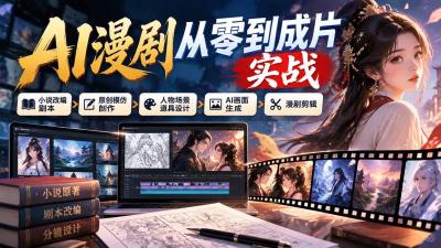 AI漫剧从零到成片实战:小说改编剧本、原创模仿创作、人物场景道具设计、AI画面生成与漫剧剪辑