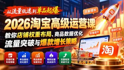 从流量低迷到单品起爆:2026淘宝高级运营课教你店铺权重布局、商品数据优化、流量突破与爆款增长策略