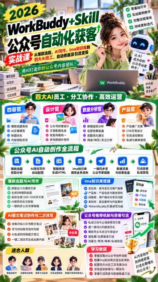 WorkBuddy + Skill公众号自动化获客实战课:从爆款选题、AI写作、ima知识库到四大AI员工、自动排版及引流变现