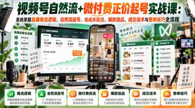 视频号自然流+微付费正价起号实战课：系统掌握直播推流逻辑、自然流起号、低成本投流、爆款选品、成交话术与憋单技巧全流程