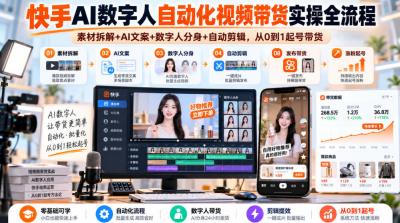 快手AI数字人自动化视频带货实操全流程|素材拆解+AI文案+数字人分身+自动剪辑,从0到1起号带货(更新26年)