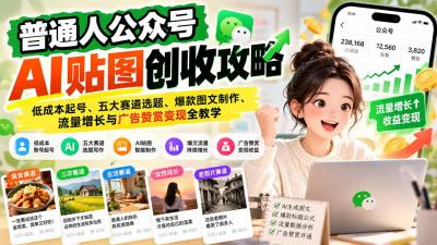 普通人公众号AI贴图创收攻略:低成本起号、五大赛道选题、爆款图文制作、流量增长与广告赞赏变现全教学