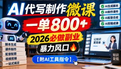AI代写制作微课,一单800+,2026必做副业,暴力风口【附AI工具指令】【揭秘】