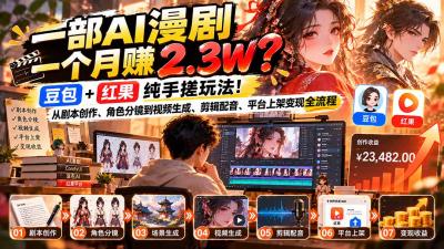 一部AI漫剧一个月赚2.3W?豆包+红果纯手搓玩法!从剧本创作、角色分镜到视频生成、剪辑配音、平台上架变现全流程