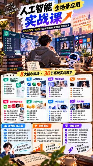 一个人掌握AI写作设计剪辑全套技能:从ChatGPT办公、AI绘画到虚拟主播、自媒体运营及接单变现