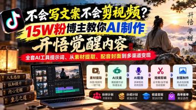 不会写文案不会剪视频?15W粉博主教你AI制作开悟觉醒内容,全套AI工具提示词、从素材提取、配音封面到多渠道变现