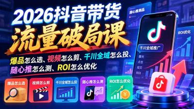 2026抖音带货流量破局课:爆品怎么选、视频怎么剪、千川全域怎么投、随心推怎么测、ROI怎么优化