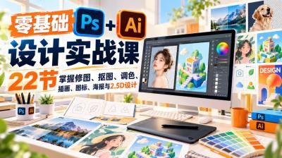 【无水印】零基础PS+AI设计实战课|22节掌握修图、抠图、调色、插画、图标、海报与2.5D设计
