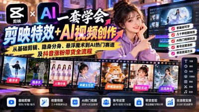 一套学会剪映特效+AI视频创作:从基础剪辑、隐身分身、悬浮魔术到AI热门赛道及抖音涨粉带货全流程