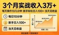 3个月实战收入3万+，每天操作10几分钟，新手轻松日入100+，当天见收益