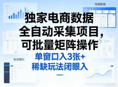 独家电商数据全自动采集项目，可批量矩阵操作，单窗口日入3张+，稀缺玩法闭眼入【揭秘】